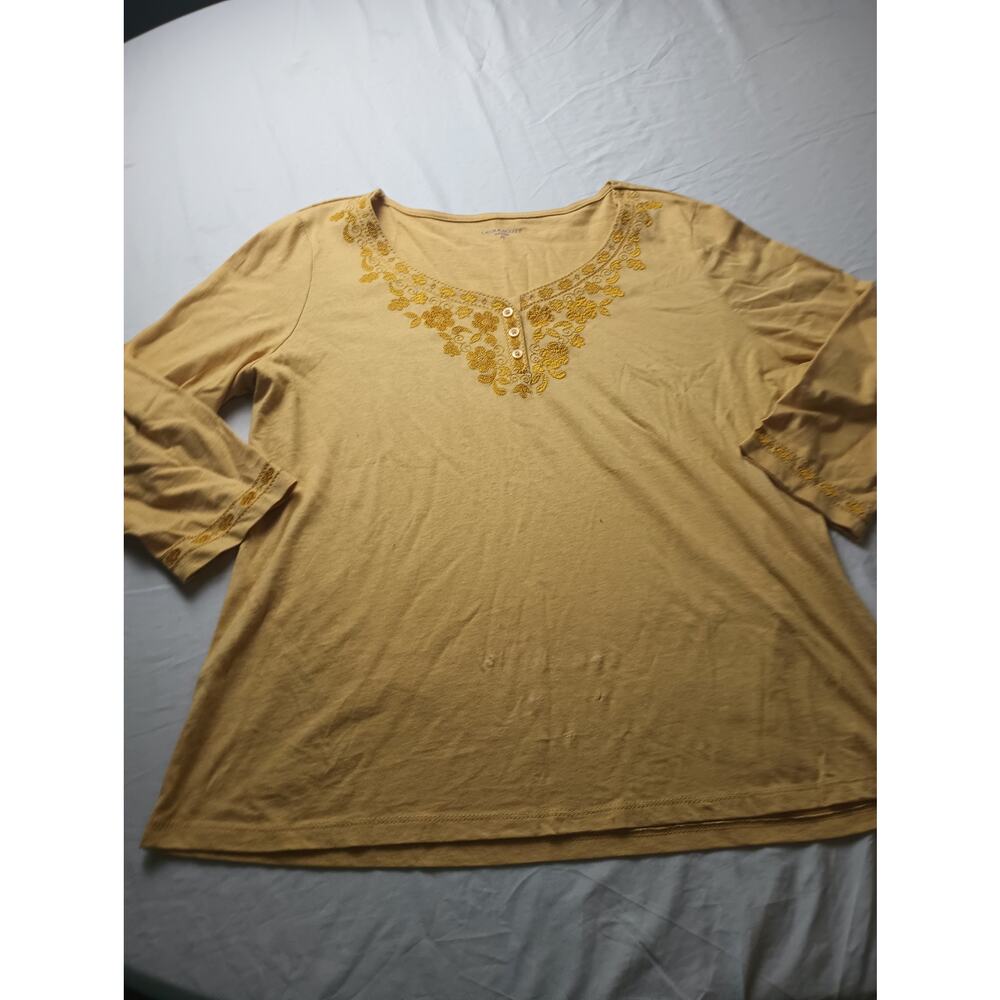 Laura Scott Yellow Embroidered‎ 3/4 sleeve Pull Over Blouse Top Women XL